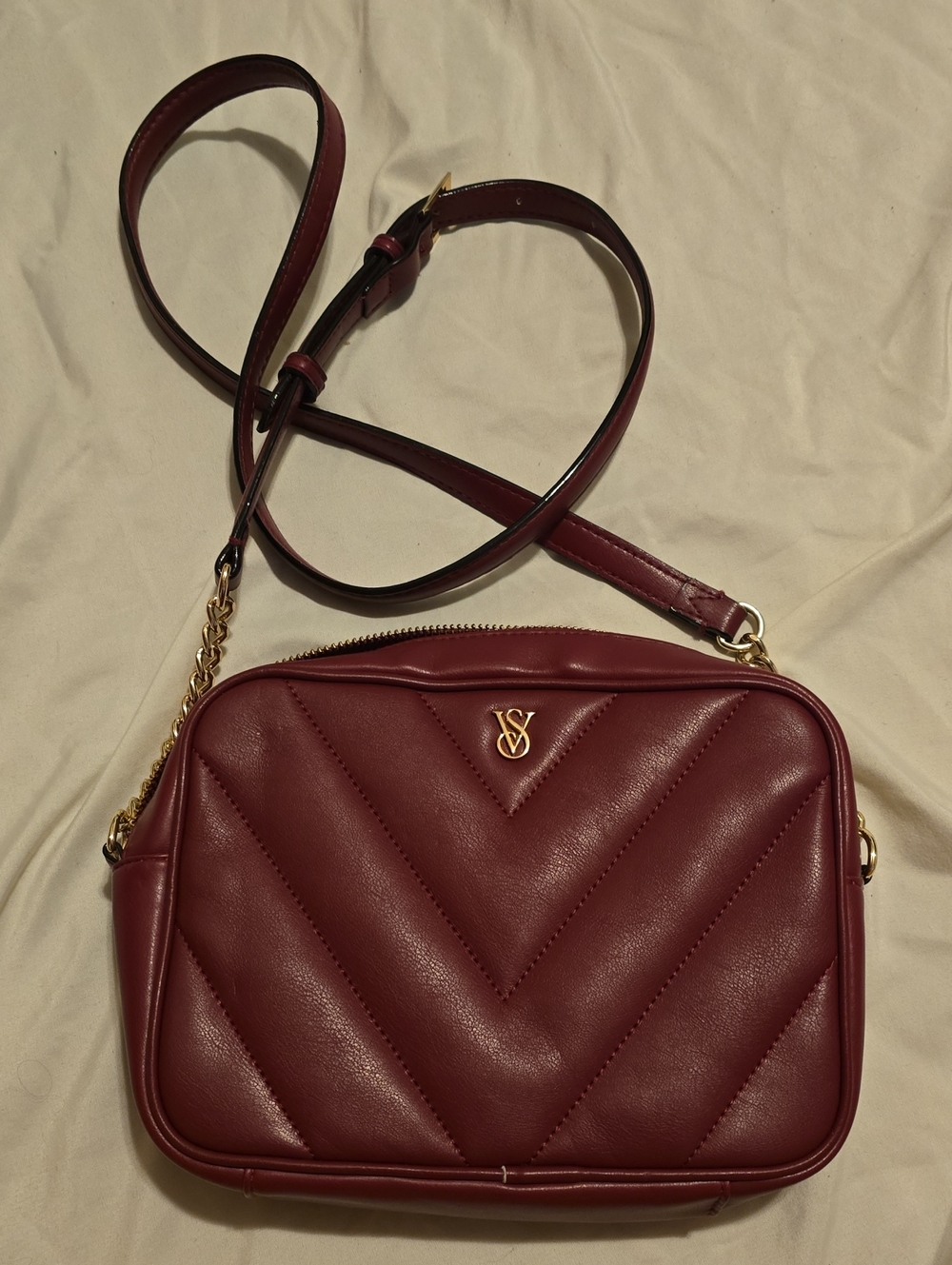 Victoria's Secret Burgundy Quilted Crossbody with Gold Chain Strap